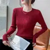 Suéter de punto trenzado con cuello redondo para mujer, nuevo estilo otoño e invierno, manga larga, corte ajustado, base de punto gris, camisa base de punto color albaricoque