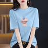Estilo Coreano Verano Fresco Algodón Puro para Mujer Casual de Aspecto Elegante Holgado Cuello Redondo Estampado Manga Corta Talla Grande Moda Top Exterior