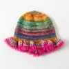 Estilo coreano Ins nicho arco-íris listrado chapéu feminino artesanal de lã de malha chapéu de pescador dopamina chapéu da bacia grande circunferência da cabeça