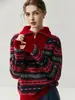 Suéter de cachemira elegante y artístico para mujer, estilo retro, para otoño e invierno, con diseño engrosado, cuello alto, cremallera y patrón de jacquard.