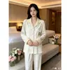 Pijama de otoño e invierno para mujer DeRong, cárdigan de solapa con dibujos animados, conjunto de ropa para el hogar de manga larga, popular en las transmisiones en vivo de Douyin y Xiaohongshu