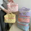 Bolsa de maquillaje con lazo a cuadros, color vibrante, gran capacidad, portátil, para viaje, para mujer, 2024