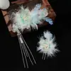 2025 Nuevo Diseño Original Hecho a Mano Estilo Tang Hanfu Tocado Pluma de Pájaro Cian Maquillaje Rizador Flor Accesorios para el Cabello