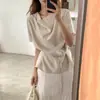 Moda feminina de alta qualidade de Dongdaemun, Coreia, estilo coreano suave e elegante, com gola drapeada, cintura com amarração, blusa top para o dia a dia