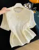 Top de punto fino de manga corta de seda helada con pedrería amarilla degradado de dopamina para mujer, ajuste regular al hombro, para verano