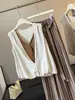 Estilo Coreano Retrô Bloco de Cores Falso Duas Peças Decote V Algodão Linho Colete Feminino Verão Novo Preguiçoso Solto Camada Cortado no Ombro Top