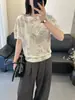 Camiseta de punto de lino de bambú de alta gama estilo francés de manga corta para mujer, Verano 2026, Delgada y transpirable, Cuello redondo, Estampada, Top holgado de manga media