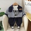 Primavera Nuevo Camisa de Niño con Cuello de Mezclilla con Bloques de Color Ropa para Niños Traje de Camisa Casual de Manga Larga a Rayas para Niños Conjunto de Tres Piezas