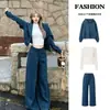 Conjunto de Tres Piezas Holgado Relajado Estilo Coreano Otoño Nuevo Popular para Mujer Casual Pantalones Largos Sudadera con Capucha Azul Chaqueta