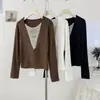 Camisa Básica de Manga Longa com Emenda de Corrente de Contas Resistente, Tecido de Viscose Escovado para Outono e Inverno, Top Retro de Alto Padrão Slim-Fit Emagrecedor e Elegante