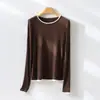 Coleção Primavera 2026 Tencel Lã Caxemira Confortável Alta Elasticidade Gola Redonda Color Block Falso Duas Peças Camisa Base Top Casual para Mulheres