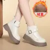 Botas de cuero forradas de felpa para mujer, zapatos de algodón para otoño e invierno, suela de plataforma, estilo retro, adecuados para primavera y otoño, disponibles para dropshipping, botines de suela gruesa, botas cálidas, un par