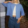 Cardigan Corto de Punto Azul para Primavera/Verano 2025 Cuello Redondo de un Solo Botón Manga Corta Holgado Chaqueta Suéter