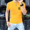Camisa de verano con estampado de diamantes de imitación para hombre, cuello redondo, corte entallado, informal, de algodón de seda, moderna, con letras, manga corta