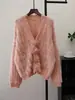 Nuevo Estilo Otoño e Invierno 2025 Cardigan de Punto Suave y Ceroso Imitación Terciopelo de Visón para Mujer Suéter Holgado con Flor Estéreo Chaqueta