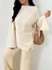Moda Europeia e Americana Nova Moda Casual Gola Redonda Cetim Manga Longa Camisa Pulôver Manga Sino Barra Irregular Top