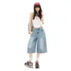 Calça Jeans Wide-Leg Americana de Verão com Caimento para Pessoas Baixas Solta Sete Pontos Calça Sete Pontos Azul Claro Tingida com Padrão Yi Chun
