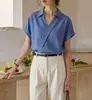 Camisa Retro Azul de Cuello V de Manga Corta Estilo Francés para Mujer, Nuevo Diseño Verano 2026, Top Elegante de Cuello V de Nicho