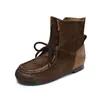 Botas femininas estilo vintage, com cadarço, de couro de flor integral, nova coleção outono/inverno, estilo britânico, bico redondo, sola plana, marrom, botas de trabalho