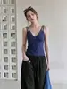 Elegante camisola de retazos azul marino con cuello en V para mujer, nuevo top sexy ajustado para el verano 2026