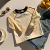 Camiseta de Manga Longa Color Block para Meninas Primavera e Outono Gola Redonda Base de Algodão Estilo Coreano Casaco Color Block para Meninos Top para Uso Externo