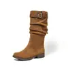 Botas Cowboy Amassadas Retro Mais Vendidas Meio da Panturrilha Fivela de Cinto Botas Cowboy Botas de Couro Femininas Versátil de Calçar Confortáveis Botas Meio da Panturrilha