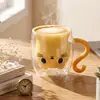 Caneca de Água Criativa de Gato de Desenho Animado para Uso Doméstico, Caneca de Café para Café da Manhã, Copo de Vidro com Camada Dupla Isolado Resistente a Altas Temperaturas