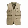 Colete de primavera e outono para homens de meia-idade e idosos, gola V com zíper, multi-bolsos, corte solto casual, algodão puro para atividades ao ar livre