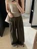 Pantalones cargo plisados de cintura alta en color verde para mujer, pantalones anchos versátiles de corte holgado para el verano, para ir al trabajo y uso casual