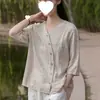 Novo cardigã versátil de gola V para o verão, soltinho e modelador, blusa feminina de algodão e linho estilo vintage simples com mangas curtas