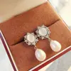 Pendientes Palaciegos de Perlas de Agua Dulce Naturales para Mujer Ojo de Tigre Nácar Pendientes de Perlas Estilo Retro Pendientes con Aguja de Plata de Ley