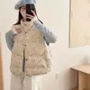 Colete Acolchoado Floral de Gola Alta Estilo Japonês Novo Inverno para Mulheres Baixas, Jaqueta de Algodão Quente Solta Retrô