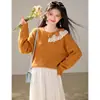 Suéter de Tricô Gola Redonda Manga Longa Estilo Suave Outono 2026 com Decoração de Flor Tridimensional, Caimento Solto, Top Elegante Feminino