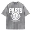 Camiseta Informal Transfronteriza para Mujer Lavado Ácido Camiseta con Estampado Ciudad Descubrimiento París Algodón Desgastado Manga Corta Moderna Negra para Mujer