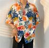 Camisa Havaiana Floral de Manga Curta para Homens, Estilo Hong Kong, Bonita, Solta e Versátil, Doce e Picante para Casal, Camisa de Manga Três Quartos para a Beira-Mar