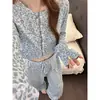 Pijama Azul Bebê Doce e Puro com Estampa de Leopardo para Mulheres, Primavera e Outono, Tamanho Grande, Conjunto Confortável de Manga Longa e Calça Longa para Casa