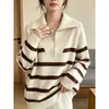 OEM2026 Otoño/Invierno Nuevo Jersey de Punto a Rayas de Talla Grande con Media Cremallera y Cuello de Solapa para Mujer, Tejido Holgado y Adelgazante