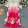 Vestido Plisado Estampado con Perlas de Alta Gama Estilo Europeo y Americano para Mujer, Vestido Largo Plisado con Botones de Perla Estilo Coreano Degradado para el Trabajo
