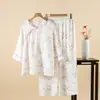 Novo Conjunto de Pijama de Algodão com Bambu Estilo Chinês para Mulheres, Estilo Fino Primavera/Verão, Estampa de Flor de Ameixa, Manga Nove Pontos, Pulôver, Pode Ser Usado ao Ar Livre, Conjunto para Usar em Casa