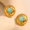 Moda Europeia e Americana Temperamento Retrô Geométrico Grão Francês Brincos Aço Inoxidável Banhado a Ouro 18K Pedra Tianhe Brincos Redondos