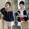 Chaqueta con Capucha de Encaje Azul Marino para Niñas Nueva Colección Primavera y Otoño 2026 Estilo Coreano Cárdigan Corto Top Dulce para Estudiantes
