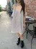 Vestido Fan Sun Xh com Alça de Fita Plissada Estilo Coreano Verão Novo Dongdaemun Doce Slimming Vestido Color Block para Mulheres