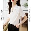 Camisa ajustada de estilo occidental con borde cruzado, nueva camisa de gasa de color liso con cuello en V y manga corta para mujer de verano 2024.