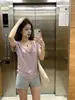 Camiseta Base de Algodón Transpirable con Cuello en V y Copo de Nieve, Estilo Lino Falso, Manga Corta Suelta para Mujer, Top Delgado Casual de Verano