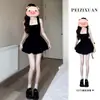 Vestido Puff Slim com Decote Quadrado Sem Mangas e Cintura Marcada, Saia Curta, Estilo Princesa Hot Girl, Roupa Íntima Inspirada na Moda Francesa, Vestidinho Preto Hepburn, Vestido Formal