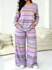 Conjunto de Calça de Perna Larga Listrada de Manga Longa Estilo Europeu e Americano Novo para Mulheres 2026, Conjunto de Duas Peças Moda Casual Primavera e Outono, Estilo Tendência Transfronteiriço