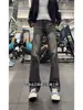 Jeans de Hombre con Patrón de Rayos y Bigotes de Gato Azul Retro Primavera y Otoño Estilo High Street Americano Pantalones de Corte Limpio Ligeramente Acampanados