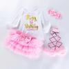 Ropa infantil al por mayor: Traje de cuatro piezas de algodón de alta calidad, moda festiva, manga larga, falda de seis capas, para bebés de 0 a 2 años.