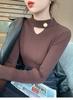 Otoño e Invierno Nuevo Sentido del Diseño Calado Combinable Camiseta Base de Punto para Mujer Ajustada Adelgazante Cuello Medio Alto Suéter Top