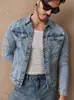 Chaqueta de Mezclilla para Hombre Hme Europea y Americana Transfronteriza, Corte Ajustado, Elegante, Moderna, Desgastada, Chaqueta Superior Genial para Hombre
